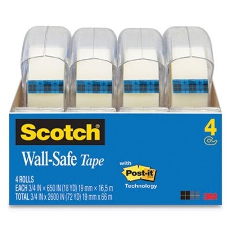 Wall-Safe Tape With Dispenser, 1 Core, 0.75 X 54.17 Ft, Clear, 4/Pack