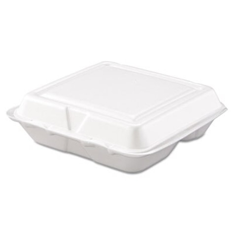 Foam Hinged Lid Containers, 3-Compartment, 7.5 X 8 X 2.3, White