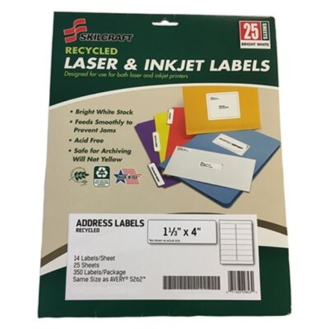 Converge mord overbelastning SKILCRAFT Recycled Laser And Inkjet Labels, Inkjet/Laser Printers, 1.33 X  4, White, 14/Sheet, 25